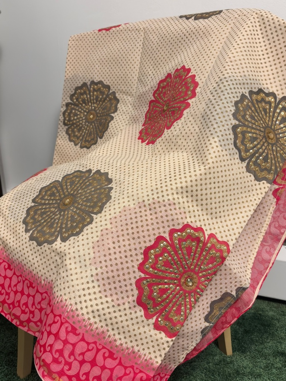 Cream Sari with Gold and Pink Floral Motifs